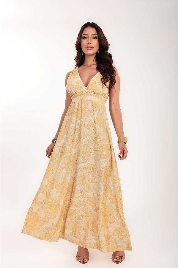 Vestido longo Solare Lurex estampa Sol e Cajú
