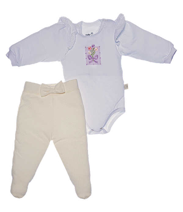 Conj. Body Manga Longa Prematuro Laço Off White