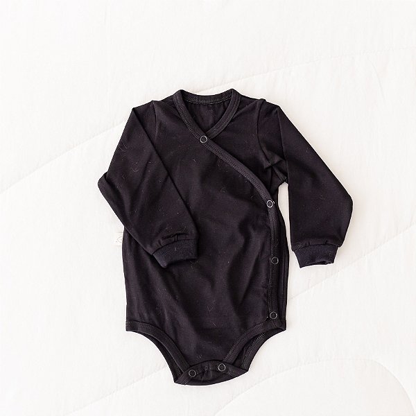 Body Manga Longa Abertura Kimono - Preto