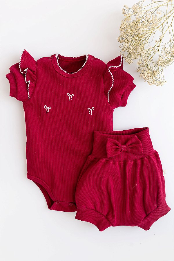 Conj. Body Manga Curta Menina Luxo - Vermelho