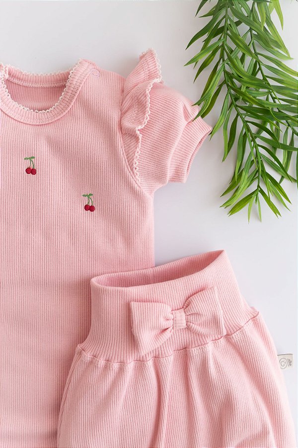 Conj. Body Manga Curta Menina Luxo - Rosa