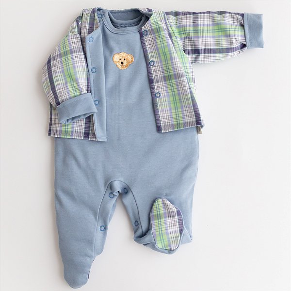 Macacão Regata com Casaco Dupla Face - Urso Azul Jeans