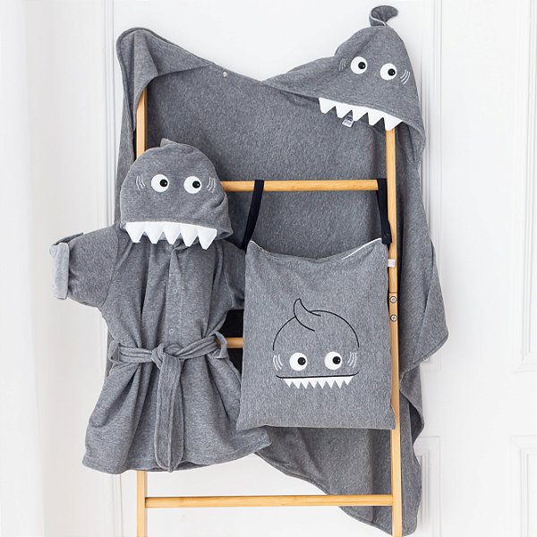 Roupão Atoalhado Kids Tubarão Mescla Cinza