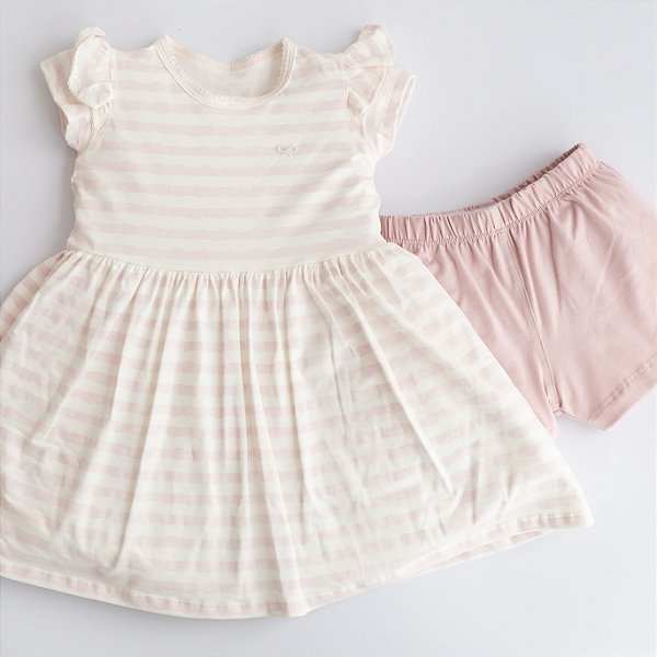 Vestido Manga Curta com Shorts - Listrado Rosê