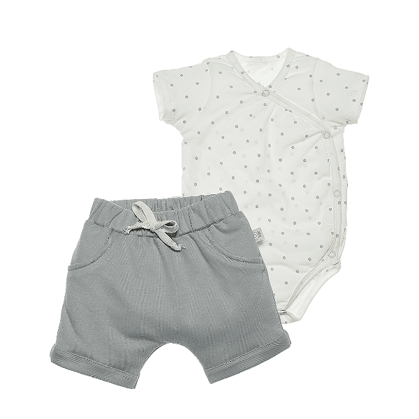 Conj. Body Manga Curta - Poá Cinza