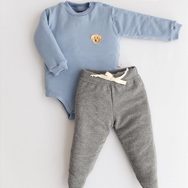 Conj. Body Manga Longa - Urso Azul Jeans