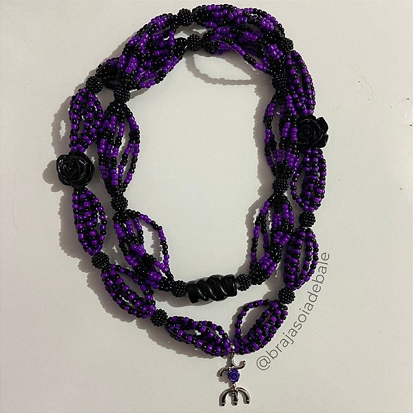 Braja de 7 fios preto e roxo com rosas
