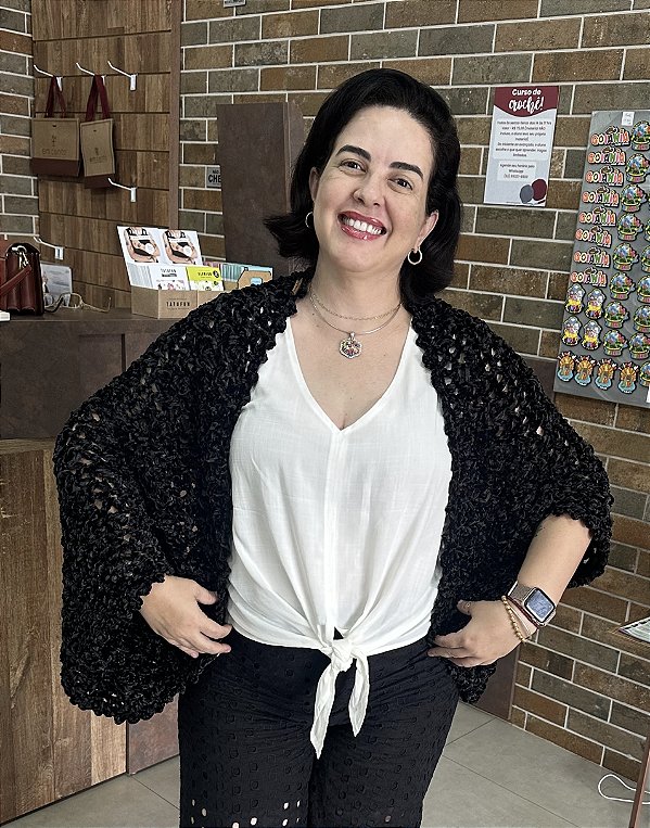 Quimono de Crochê Veludo Molhado Preto