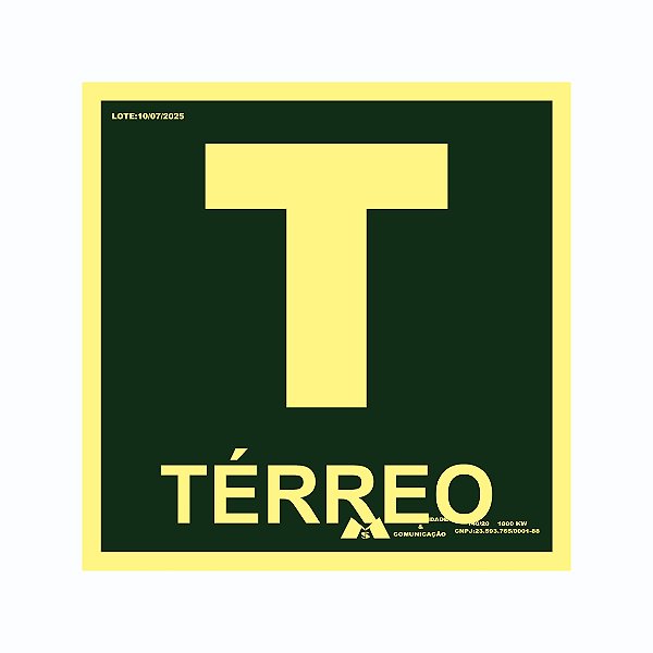 Placa Sinalização Fotoluminescente Térreo 20x20 cm, PS 1mm