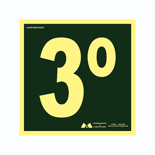 Placa Sinalização Fotoluminescente 3 Andar 20x20 cm, PS 1mm