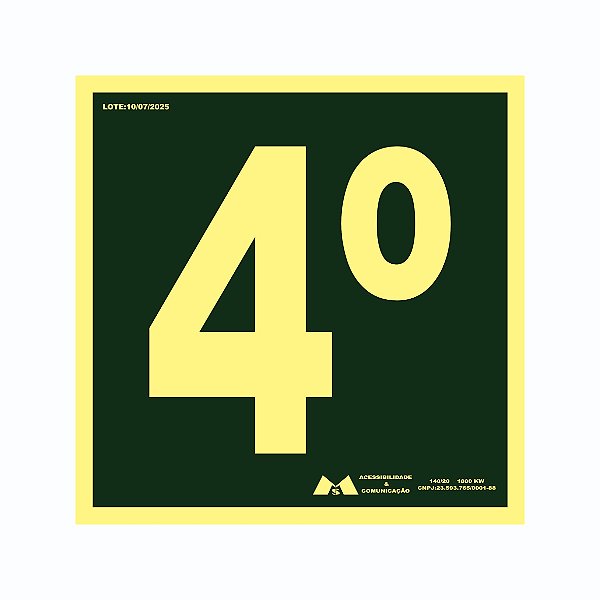 Placa Sinalização Fotoluminescente 4 Andar 20x20 cm, PS 1mm