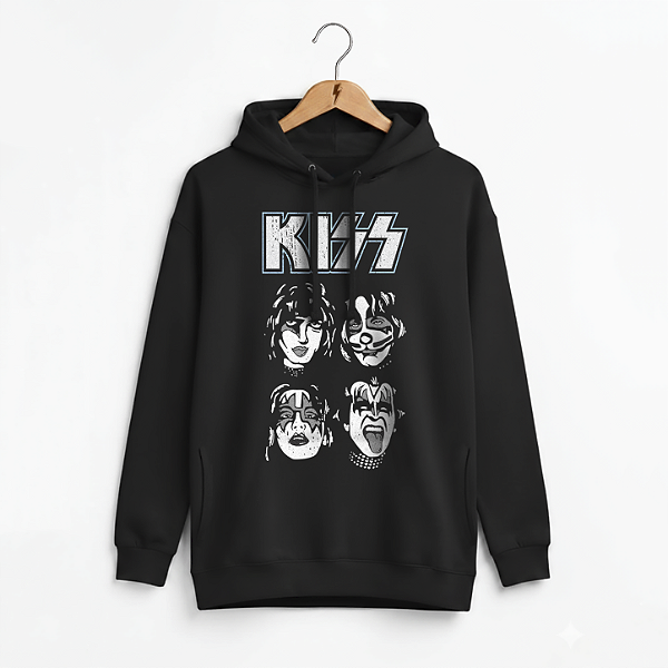 Moletom Bolso Lateral Kiss Faces Preto