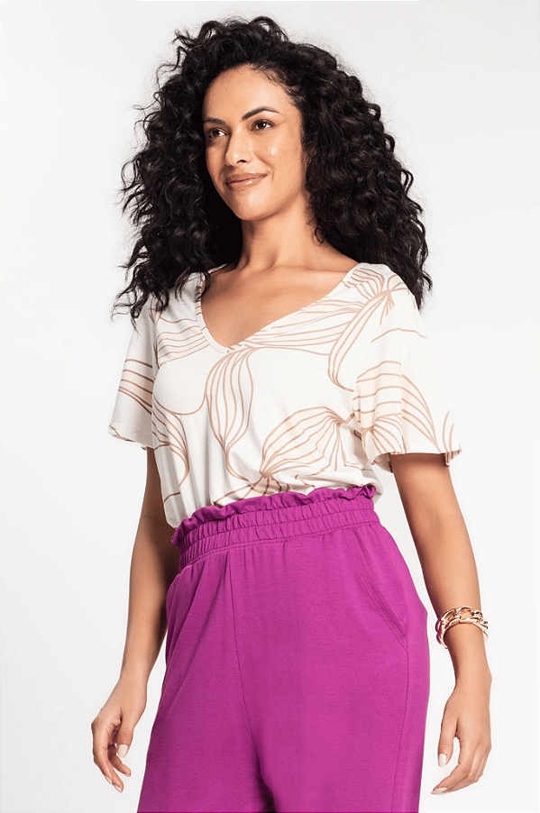Blusa Estampada Com Decote V Rovitex