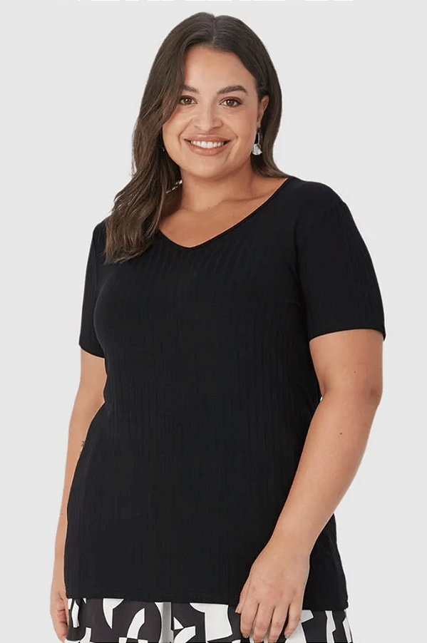 Blusa Básica Feminina Plus Size Decote V Em Canelado