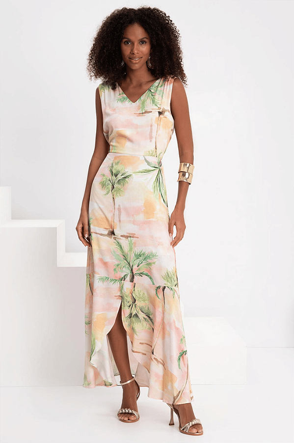 Vestido Estampado Midi Chá Com Fenda Frontal E Decote V