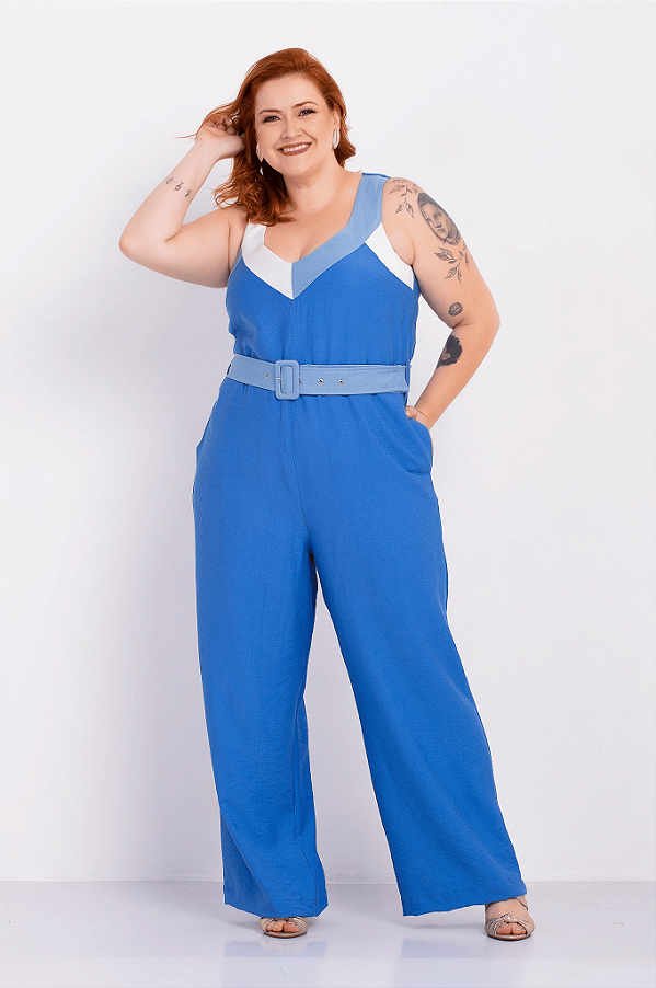 Macacão Plus Size Feminino Azul Medi Plus