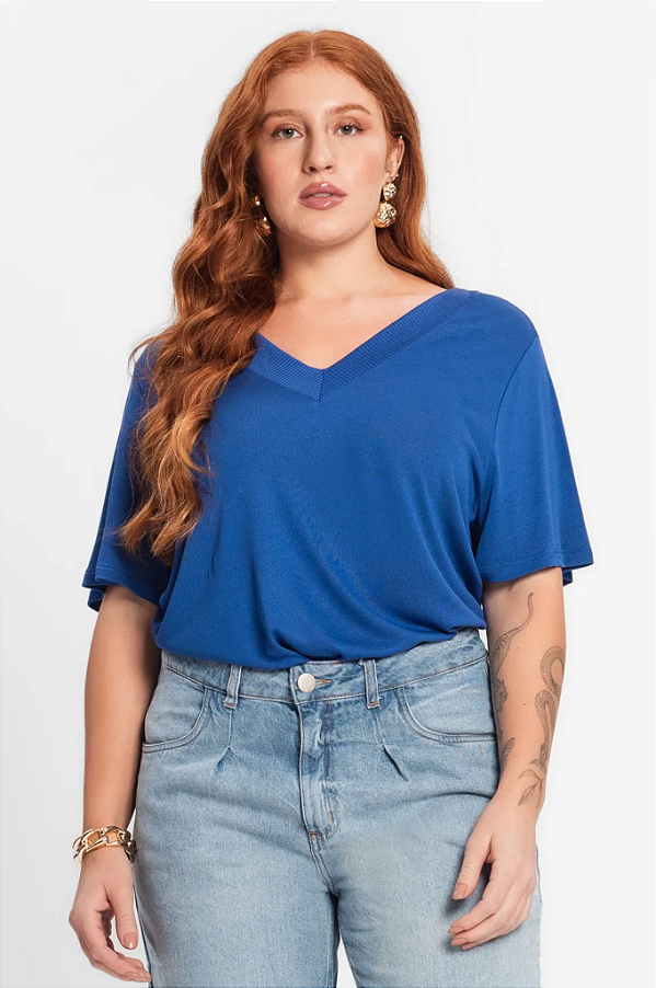 Blusa Meia Manga Feminina Plus Size Viscose Gola Em V Secret Glam
