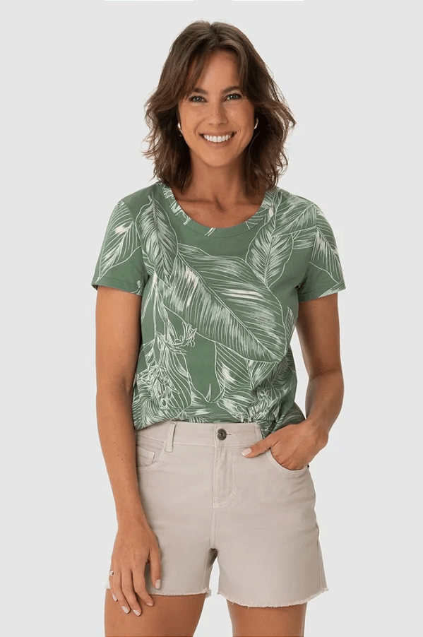 Blusa Feminina Decote Redondo Folhagem Em Algodão malwee