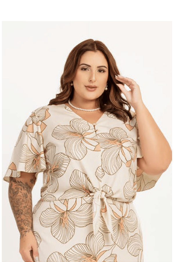 Blusa com Frente em Amarração Viscolinho Floral Capim Rosa