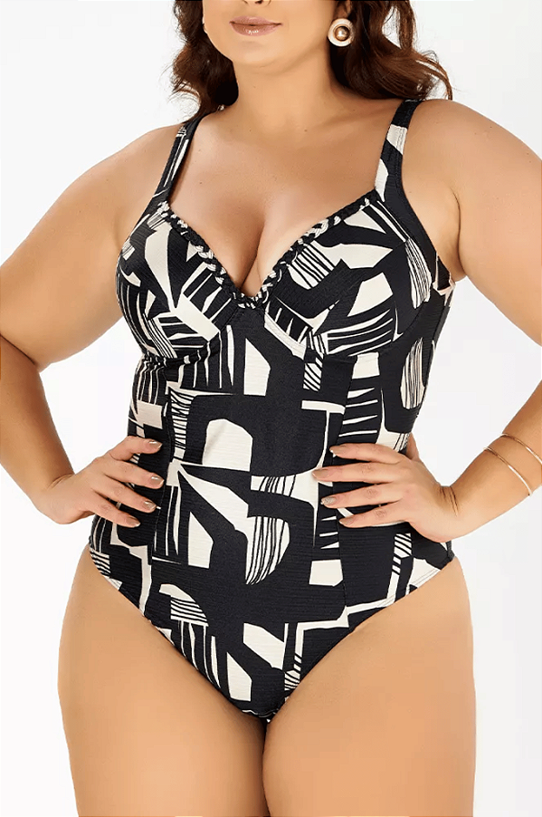 Maio Com Bojo Anatômico Recorte E Trança  Estampado Zero Barriga Banho De Mar