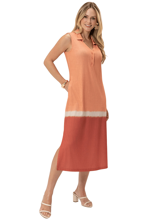 Vestido Natural Chemise Sem Manga Midi Reto Barrado Cor Do Céu