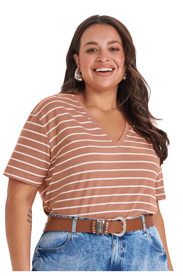 Blusa Feminina Manga Curta Plus Size Listrada Gola V Secret Glam