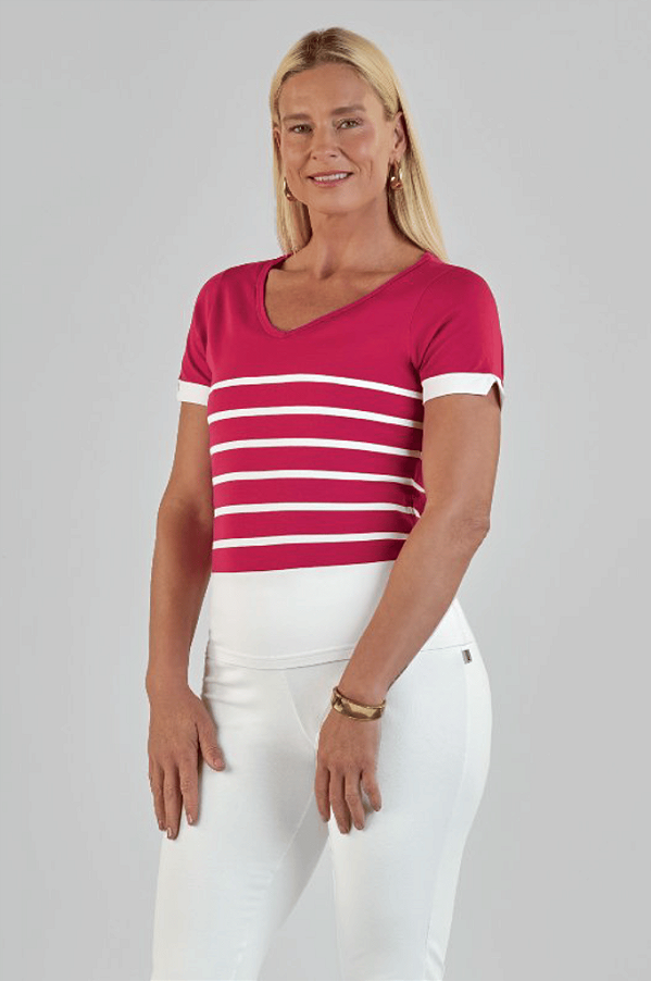 Blusa Manga Curta Gola V Viscose Stretch Listrada Juanna