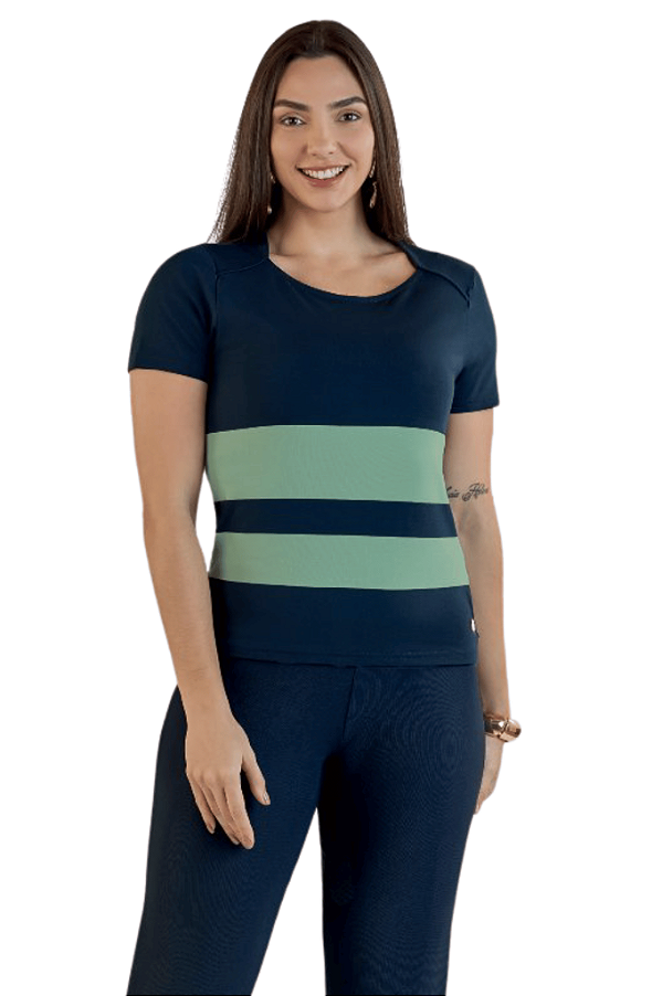 Blusa Manga Curta Gola Redonda Listrada Viscose Juanna