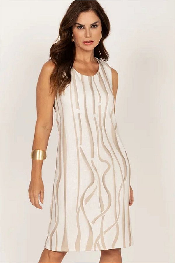 Vestido Cavado Clássico em Malha Texturizada Estampado Bege Mirasul