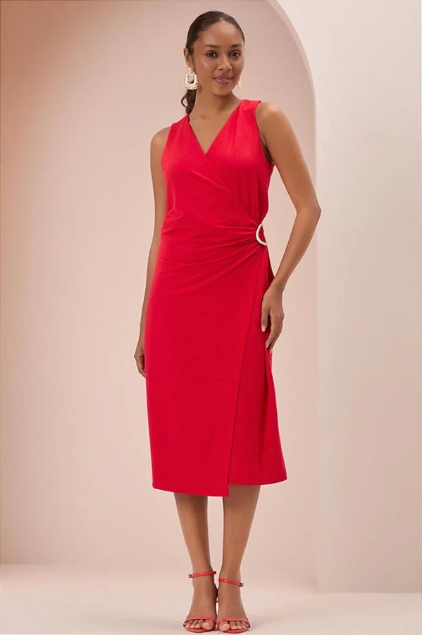 Vestido Midi Chá Transpassado com Aviamento Lunender