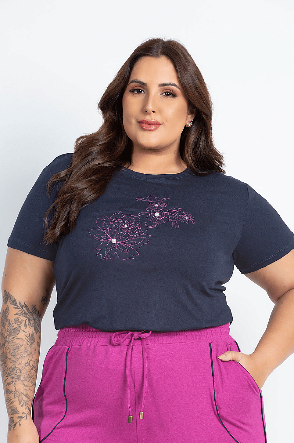 Blusa T-Shirt Manga Curta Estampada Em Bordado Medimodas