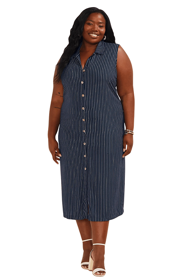 Vestido Midi Chemise Feminino Listrado Marialícia