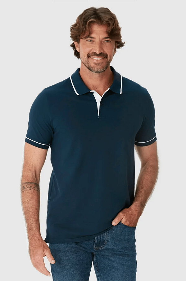 Camisa Polo Básica Masculina Detalhe Costura Contraste Em Piquet Stretch Malwee