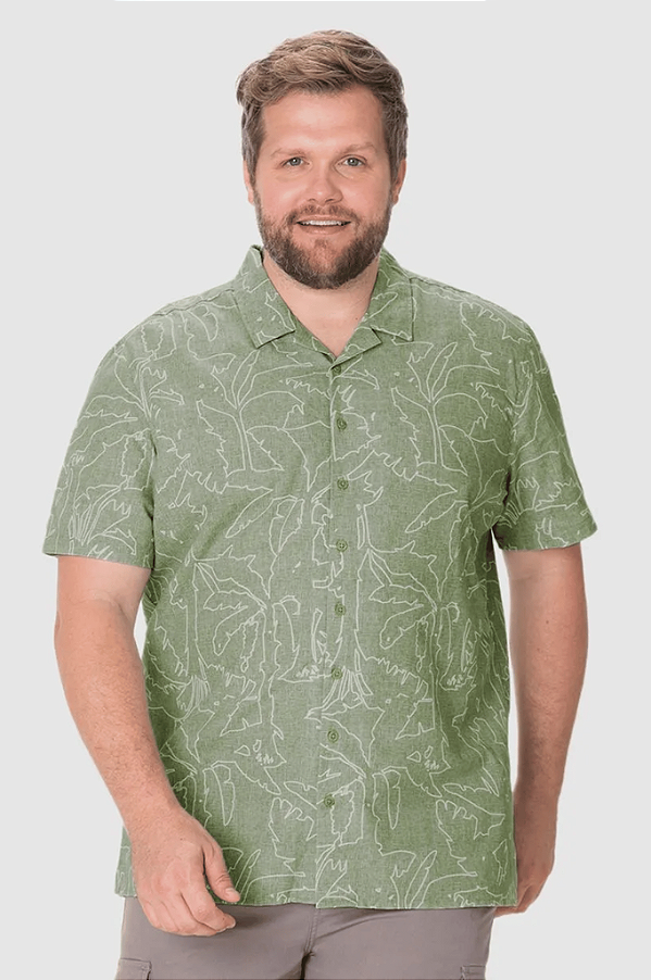 Camisa Masculina Plus Size Estampada Manga Curta Em Linho Com Algodão Malwee