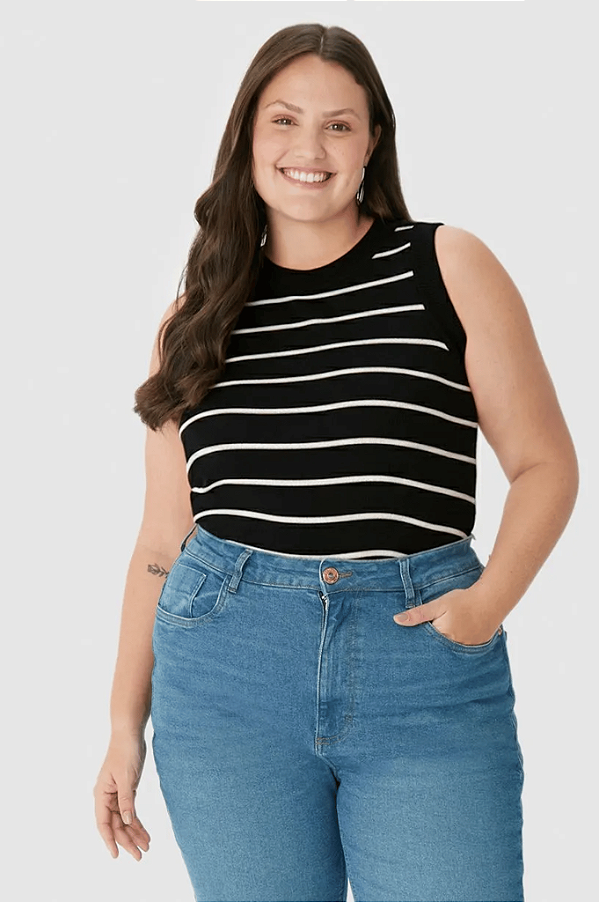 Regata Plus Size Justa com Costura Contrastante em Ribana Listrada Malwee