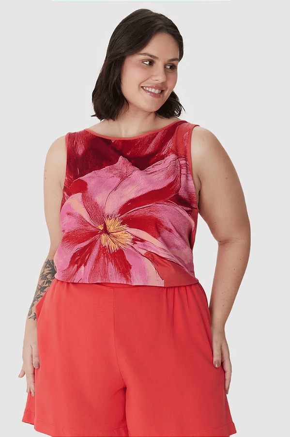Regata Plus Size Evasê Estampada em Malha Viscolinho Stretch Malwee