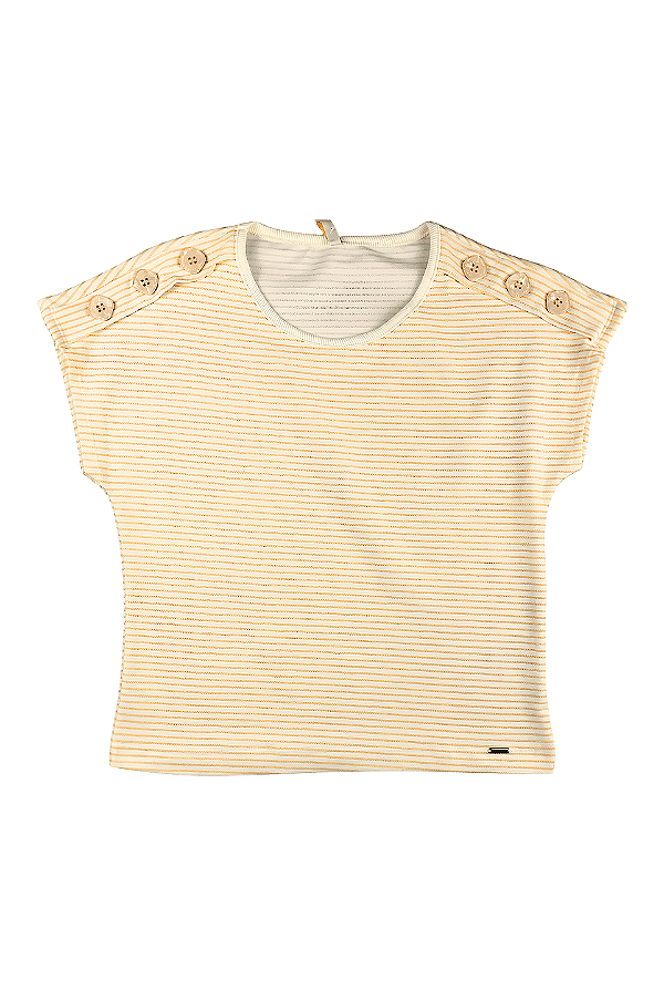 Blusa Feminina Listrada Gola Redonda com Botões na Manga Marialícia