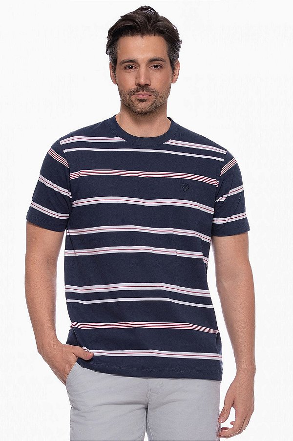 Camiseta Manga Curta Gola Redonda Algodão Classica Listrado Marinho Marinheiro Dockston