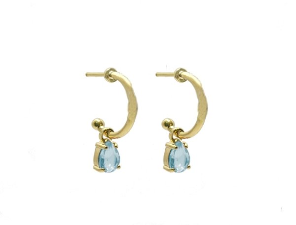 BB 3033 Brinco Meia Argola 1,2CM Com Gotinha Pendurada Azul BRUNA Semijoias