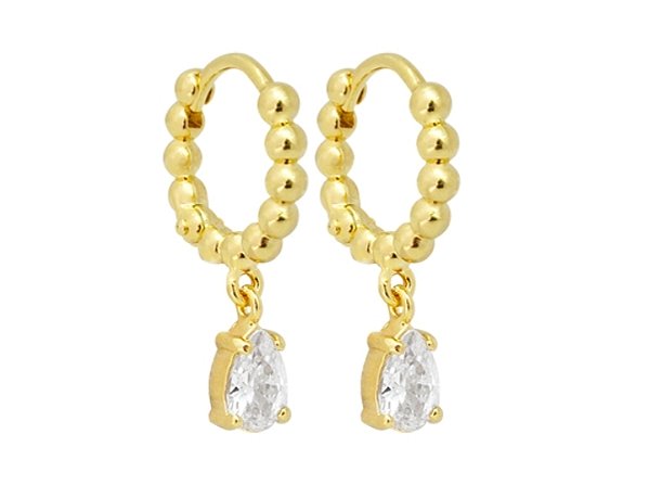 BB 3090 Brinco Argolinha de Bolinhas 1cm Com Gota Zirconia Pendurada BRUNA Semijoias