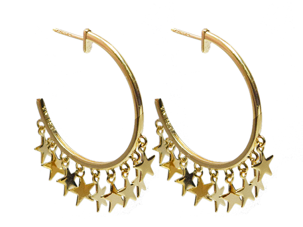 BB 2987 Brinco Meia Argola Fio 3cm c/ Estrelinhas Penduradas BRUNA Semijoias