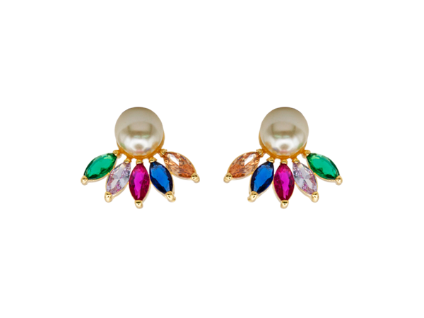 BB 3267 Brinco Leque Navetes Zirconia Colorida c/ Pérola 6mm BRUNA Semijoias