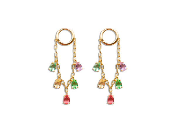 BB 3273 Brinco Argolinha Fio 1cm c/ Corrente e 5 Gotas Zirconia Colorida BRUNA Semijoias