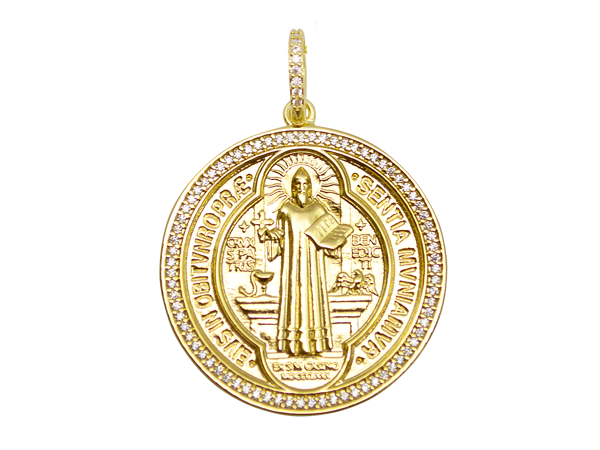 MB 1309 Medalha São Bento Cravejada Com Zirconias 3,5cm BRUNA Semijoias