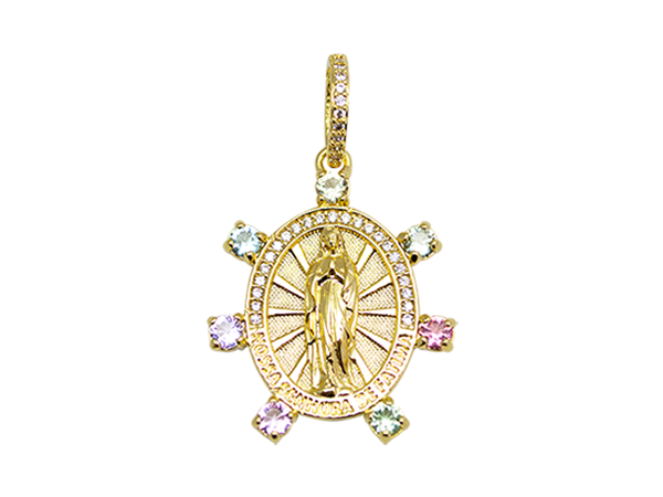 MB 1313 Medalha Nossa Senhora de Fátima Oval 2,3cm Com Zirconias Coloridas BRUNA Semijoias