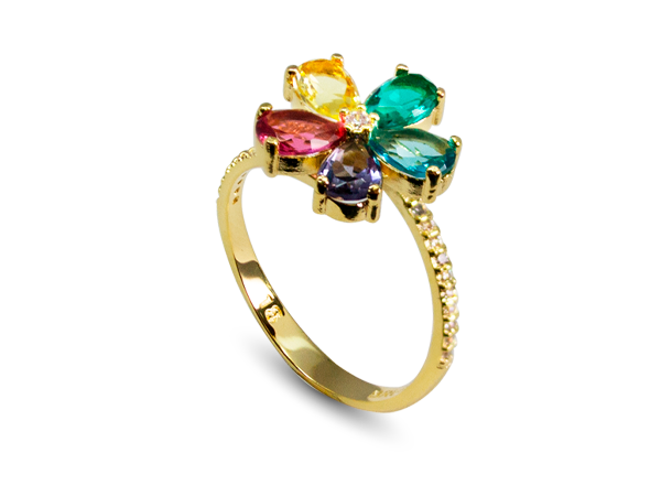 AB 1924 Anel Flor Cristal Colorida Com Aro Fino Cravejado Zirconias BRUNA Semijoias