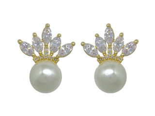 BB 2871 Brinco Pérola 10mm Com Coroa Navetes Zircõnias BRUNA Semijoias