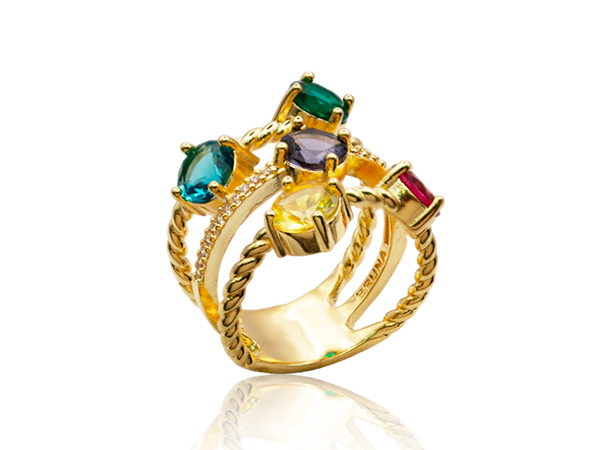 AB 1963 Anel 3 Fileiras Com Cristais Colorido BRUNA Semijoias