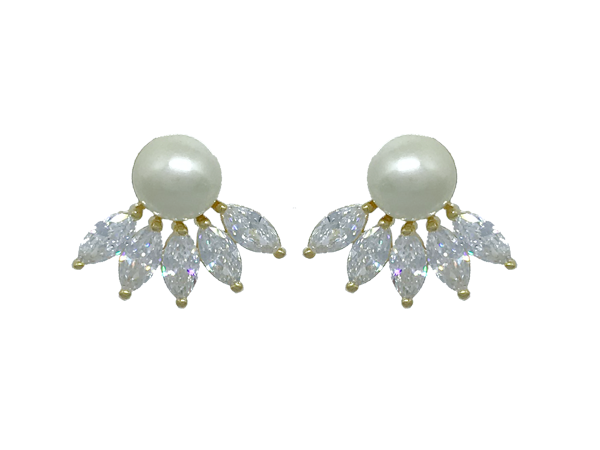 BB 2862 Brinco Leque Navetes Zirconia Cristal com Pérola 7mm BRUNA Semijoias