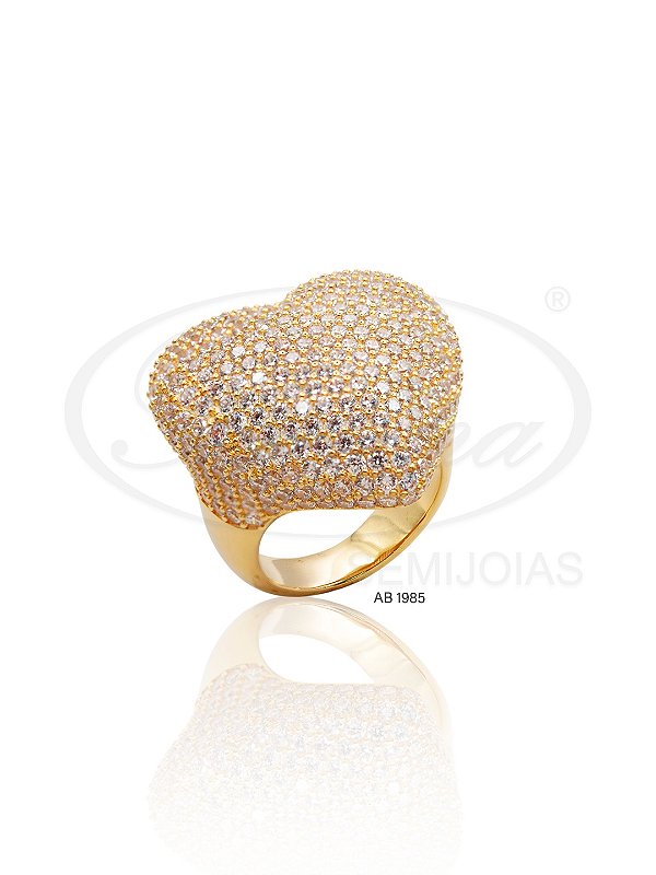 AB 1985 Anel Coração Grande Cravejado Zirconias 2,8CM BRUNA Semijoias